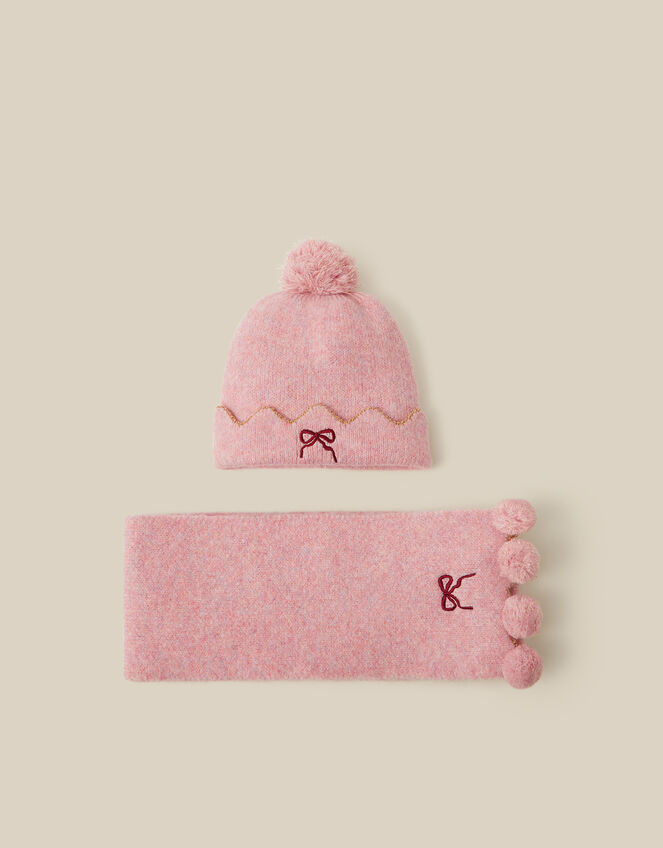 Embroidered Bow Bobble Hat & Scarf Set, Pink (PINK), large