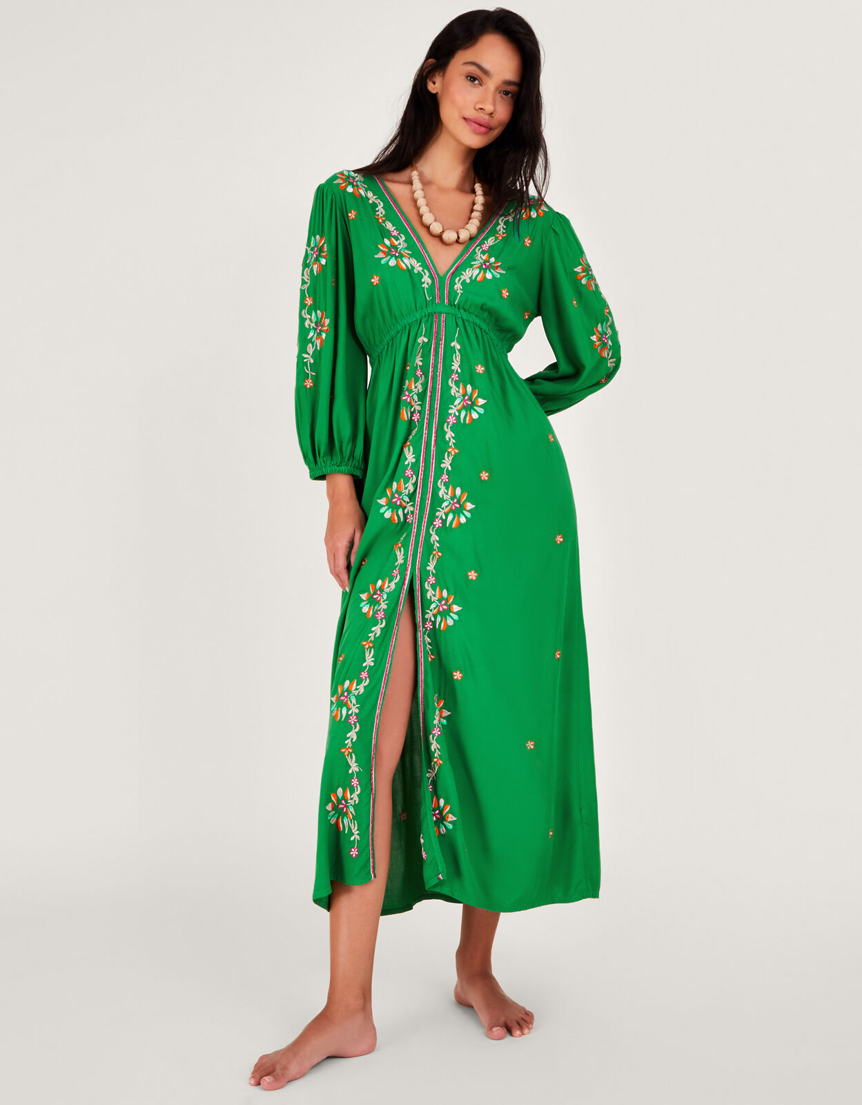Embroidered Maxi Kaftan Dress in LENZING ECOVERO Green