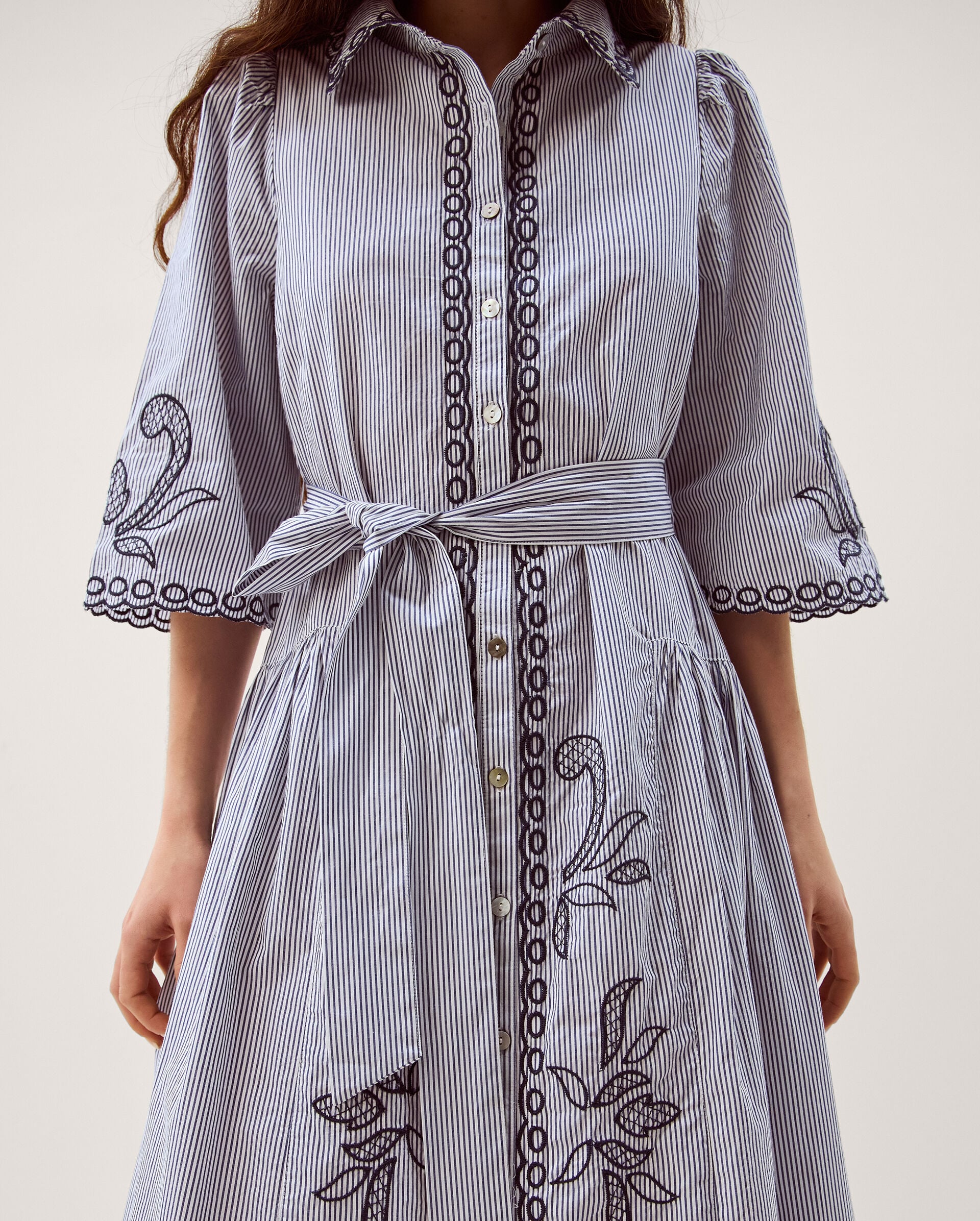 Kirsty Embroidered Stripe Midi Shirt Dress Blue | Day Dresses