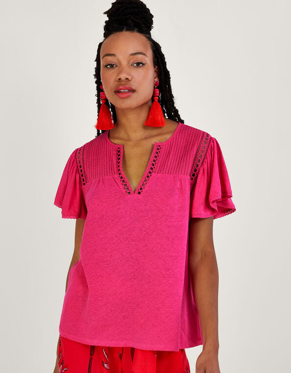 V-Neck Woven Top in Linen Blend Pink, Pink (PINK), large