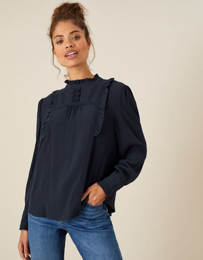 Ruffle and Lace Trim Top, Blue (NAVY), large