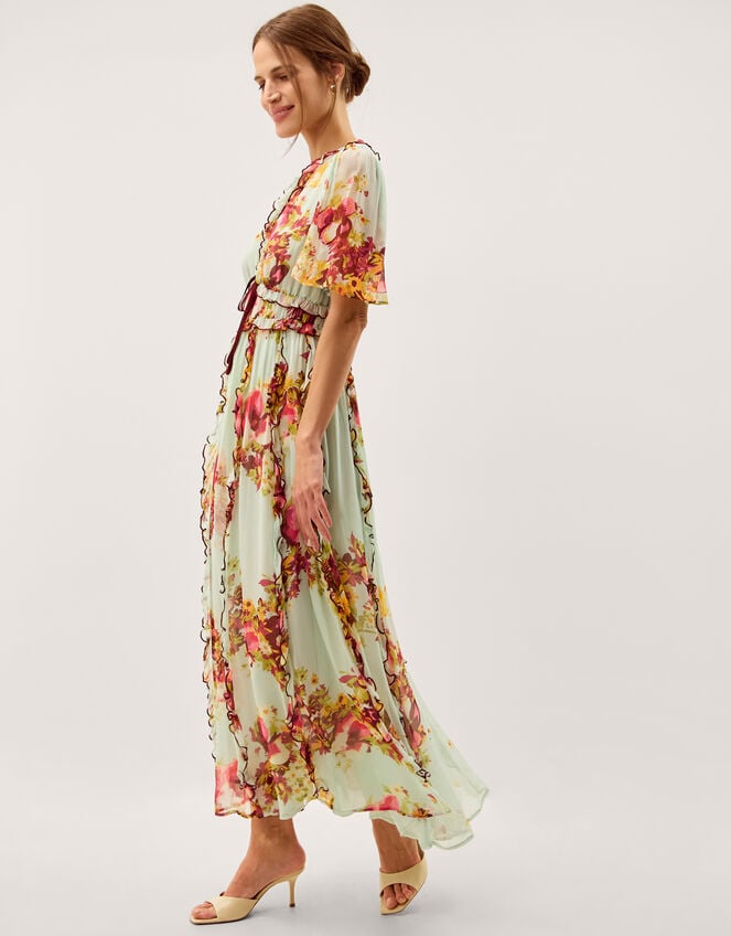 Perrie Floral Print Frill Maxi Dress, Green (SAGE), large