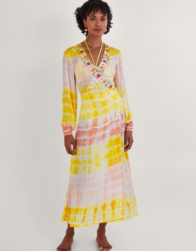 Premium Tie Dye Maxi Kaftan Dress, Yellow (YELLOW), large