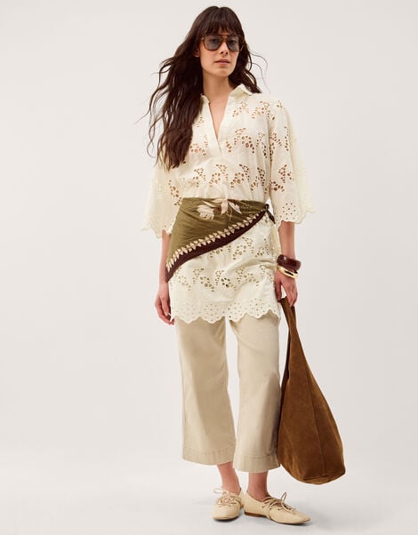 Selena Floral Embroidered Tunic Shirt, Cream (CREAM), large
