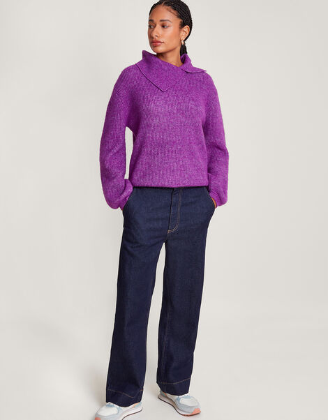 Super-Soft Rib Splice Neck Jumper with Recycled Polyester Purple, Purple (PURPLE), large