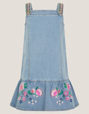 Embroidered Frill Denim Dress, Blue (BLUE), large