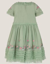 Floral Embroidered Ruffle Tulle Dress, Green (GREEN), large