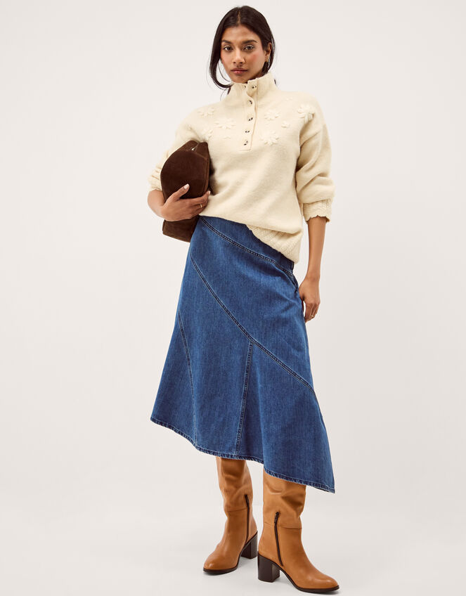 Annie Asymmetric Denim Midi Skirt, Blue (MID AUTHENTIC BLUE), large