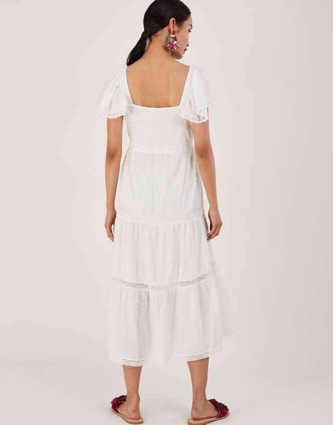 Square Neck Tiered Midi Dress, White (WHITE), large