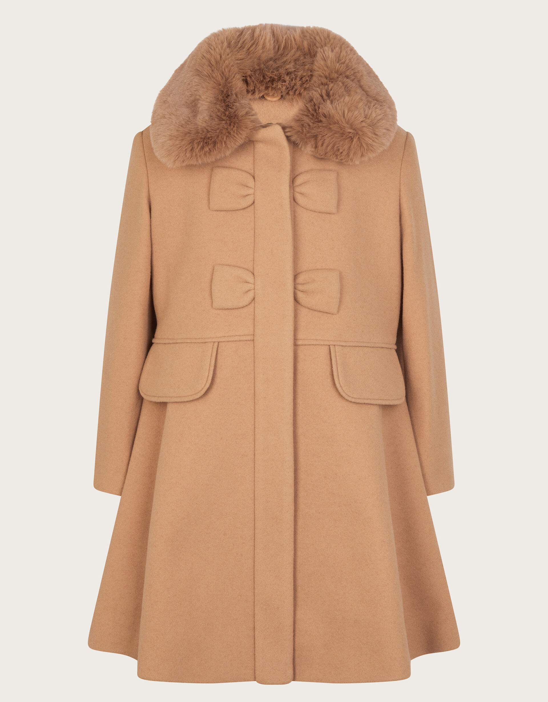 Faux Fur Collar Bow Swing Coat Camel