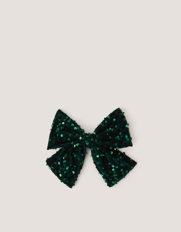 Sequin Velvet Bow Clip, Green (GREEN), large