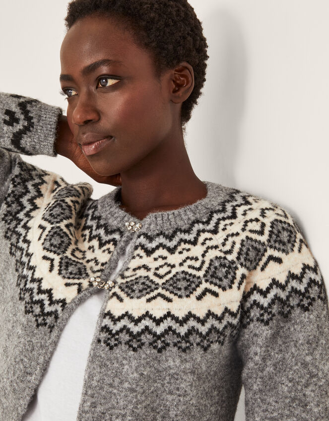 Fina Fair Isle Cardigan, Gray (GREY), large
