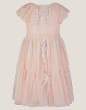 Cape Sleeve Embellished Bow Ruffle Dress, Pink (PINK), large
