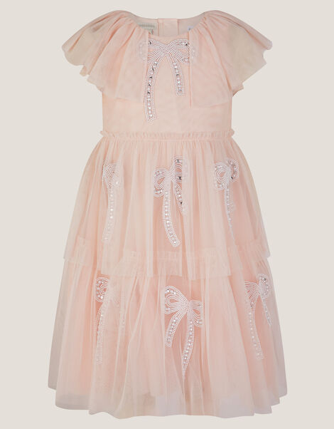 Cape Sleeve Embellished Bow Ruffle Dress, Pink (PINK), large