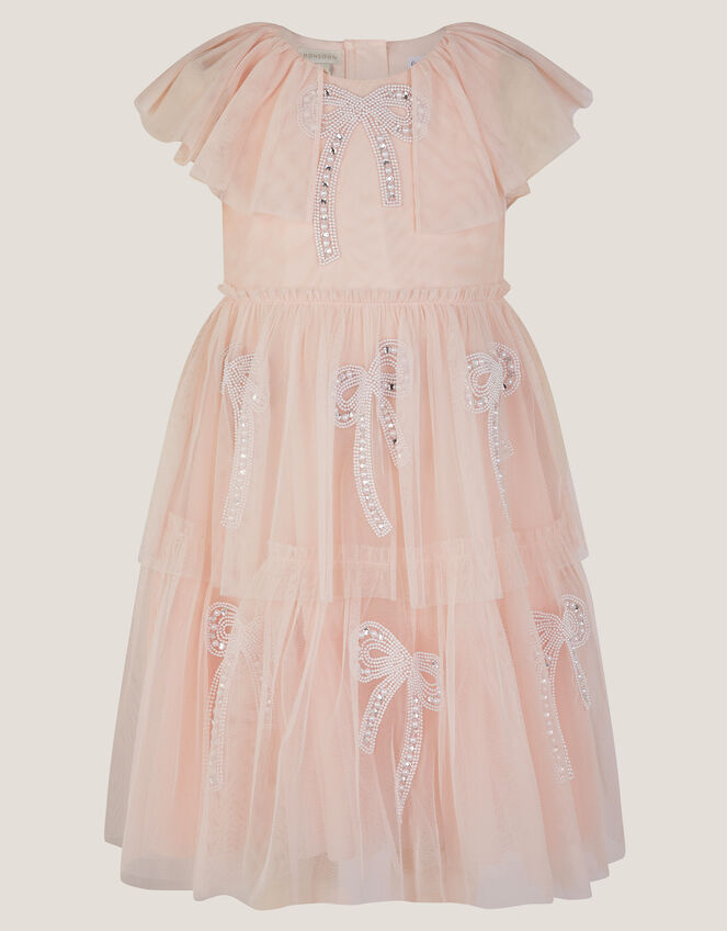 Cape Sleeve Embellished Bow Ruffle Dress, Pink (PINK), large