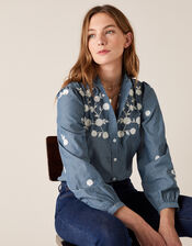 Floral Embroidery Top in Pure Cotton, Blue (BLUE), large