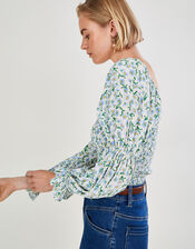 Ditsy Shirred Top in Recycled Polyester, Blue (BLUE), large