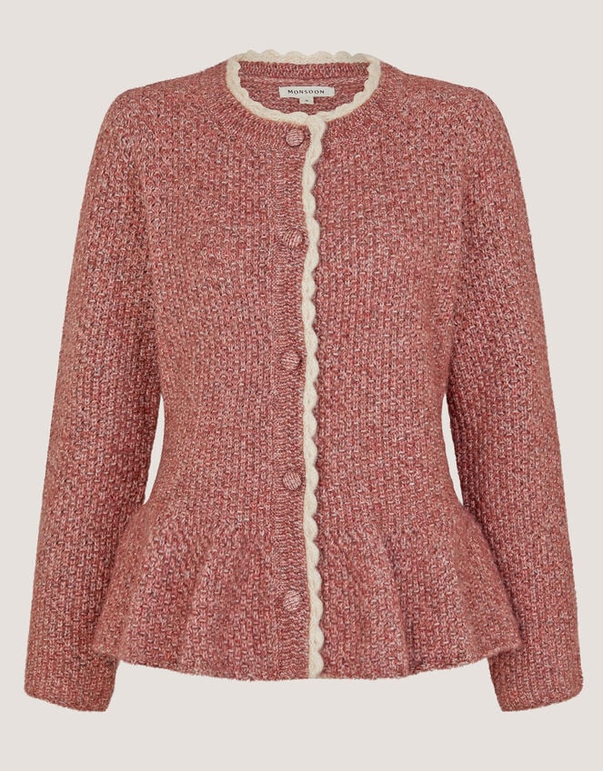 Suki Scallop Trim Peplum Cardigan, Pink (ROSE PINK), large