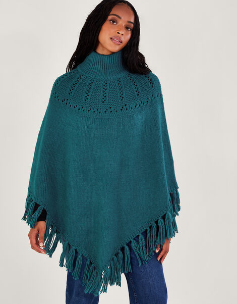 Pointelle Poncho with Fringe Trim, , large