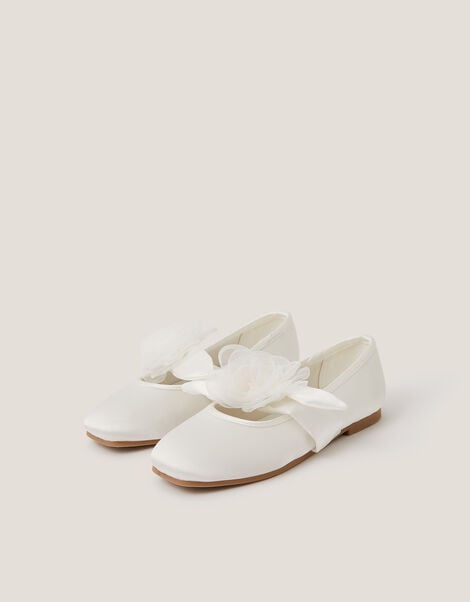 Flower Strap Satin Ballet Flats, Ivory (IVORY), large