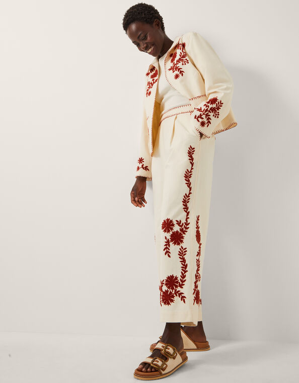 Emilia Floral Embroidered Pants, Ivory (IVORY), large