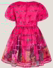 Christmas Scene Bow Puff Sleeve Dress , Pink (PINK), large