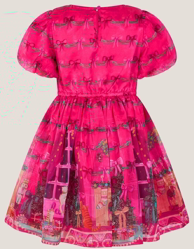 Christmas Scene Bow Puff Sleeve Dress , Pink (PINK), large