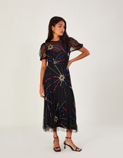 Zoey Embellished Star Midi Dress in Recycled Polyester, Black (BLACK), large