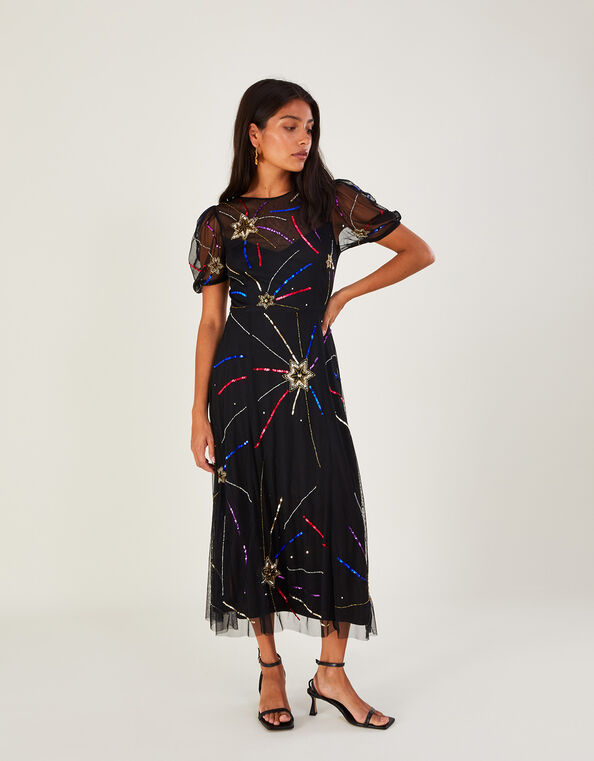 Zoey Embellished Star Midi Dress in Recycled Polyester, Black (BLACK), large