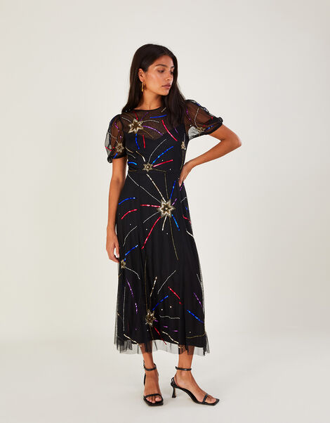 Zoey Embellished Star Midi Dress in Recycled Polyester Black, Black (BLACK), large