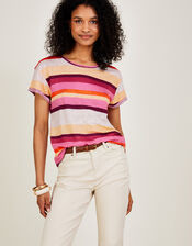 Linen Stripe Scoop Neck T-Shirt, Multi (MULTI), large