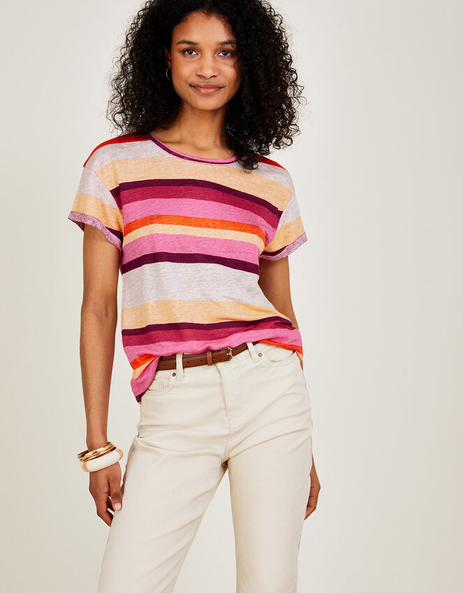 Linen Stripe Scoop Neck T-Shirt, Multi (MULTI), large
