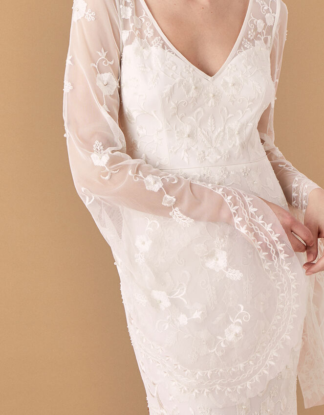 Evelina Bridal Fluted Sleeve Embellished Dress, Ivory (IVORY), large