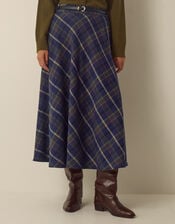 Willa Check Print Cotton Midi Skirt, Blue (NAVY), large