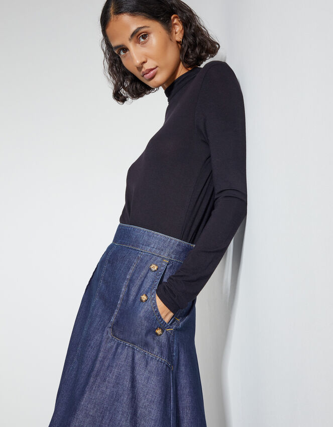 Harper A-Line Denim Midi Skirt, Blue (INDIGO), large