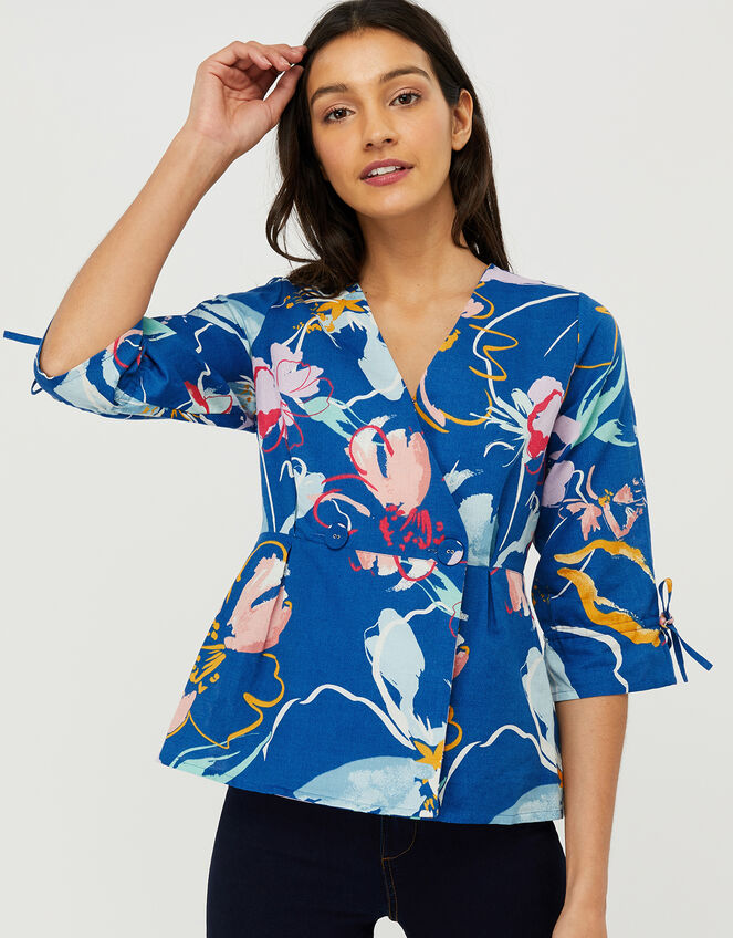 Fleur Blouse in Linen and Organic Cotton, Blue (BLUE), large