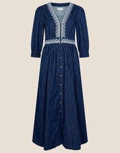 Bria Embroidered Denim Dress, Blue (DENIM BLUE), large