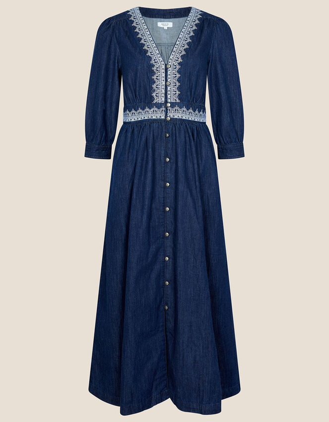 Bria Embroidered Denim Dress, Blue (DENIM BLUE), large