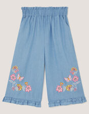 Floral Embroidered Wide Leg Trousers, Blue (BLUE), large