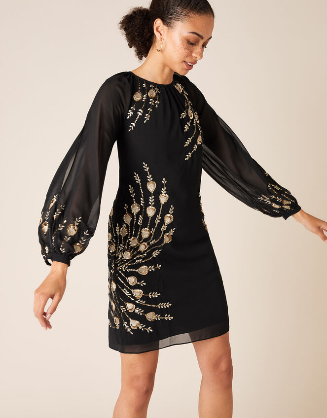 Faye Sequin Feather Tunic Dress, Black (BLACK), large