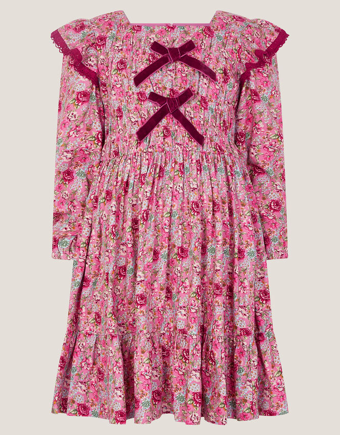 Floral Long Sleeve Bow Dress, Pink (PINK), large