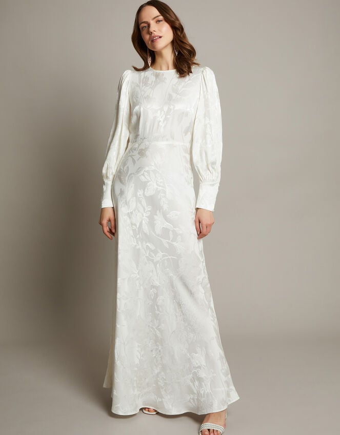 Grace Long Sleeve Satin Bridal Dress, Ivory (IVORY), large