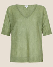 V-Neck T-Shirt Jumper in Linen Blend, Green (KHAKI), large