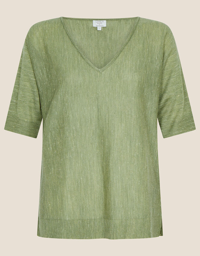 V-Neck T-Shirt Jumper in Linen Blend, Green (KHAKI), large