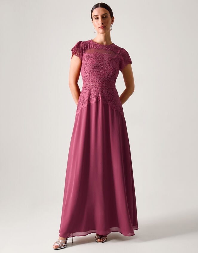 Monike Short Sleeve Lace Bridesmaid Dress, DARK PINK, large
