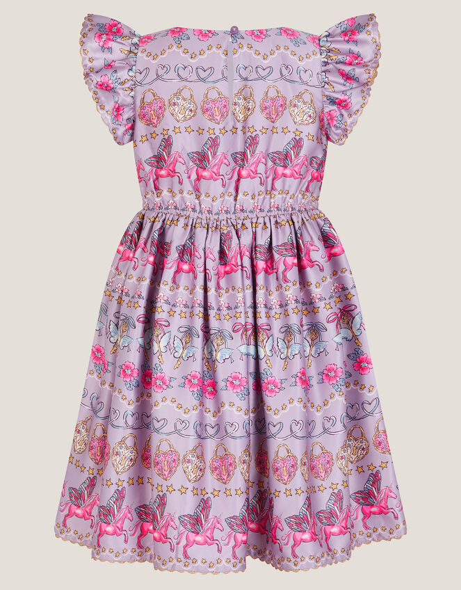Magical Unicorn Print Satin Dress, Purple (PURPLE), large