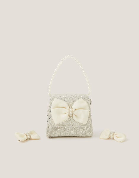 Glitter Pearl Bow Handbag & Hair Clips Set, , large