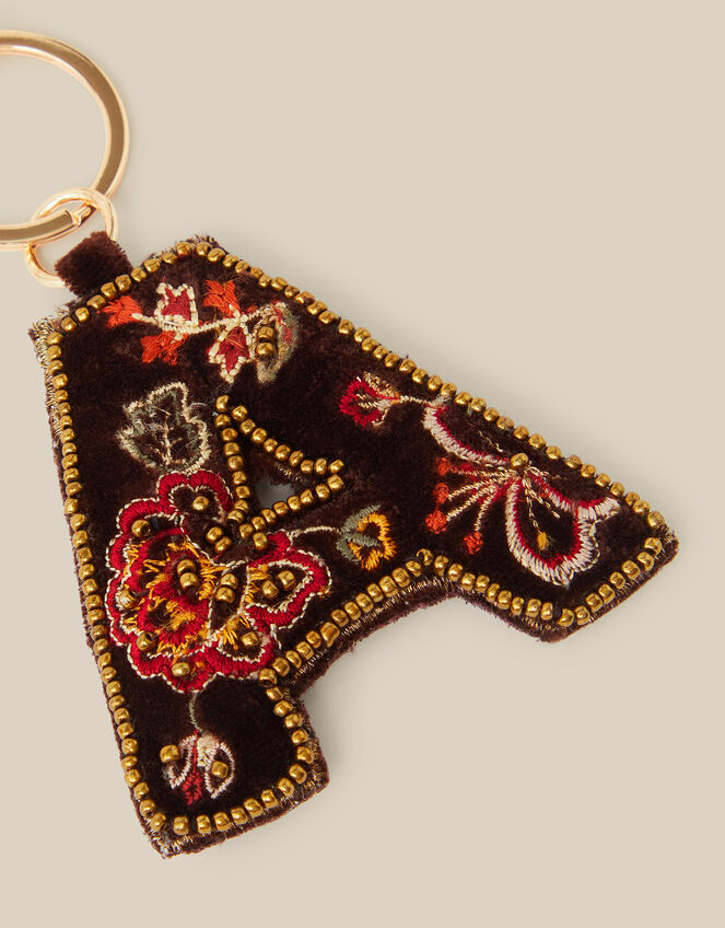 Floral Embroidered Velvet Initial Keyring, Brown (CHOCOLATE), large