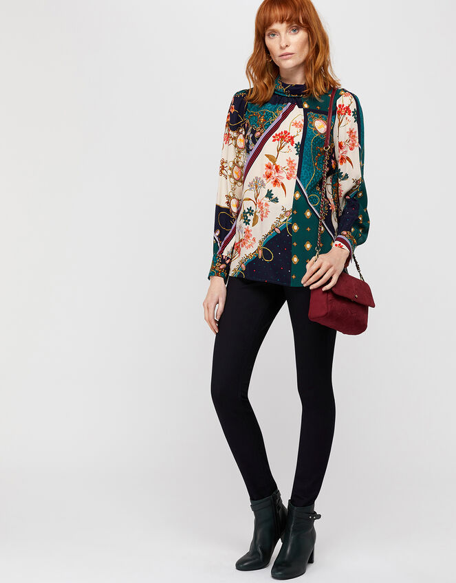 Pearly Queen Print High Neck Blouse, Teal (TEAL), large