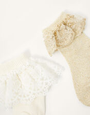 Baby Lace Frill Socks Twinset, Gold (GOLD), large
